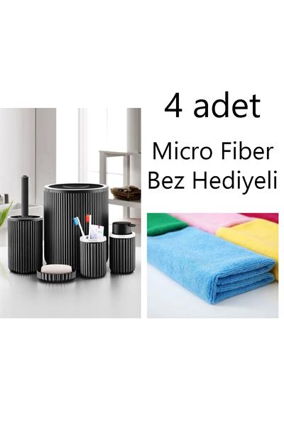 Elit 5 Parça Banyo Seti Siyah + 4 adet MicroFiber Temizlik Bezi Hediyeli