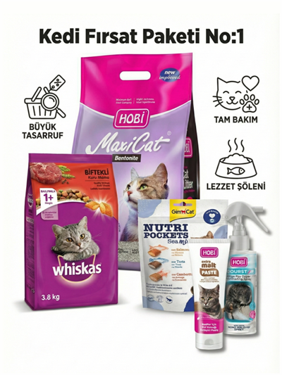 Kedi Fırsat Paketi No:1 - Whiskas 3.8kg, Gimcat Ödül ve Hobi Bakım Seti (5 Parça)