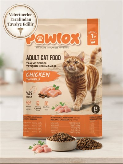 Pawlox Tavuklu Yetişkin Kedi Maması 15 Kg - Tam ve Dengeli, Düşük Tahıllı