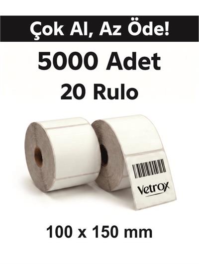 VETROX 1.KALİTE TERMAL BARKOD ETİKETİ 100X150 mm 5000 Adet-TAM ADET