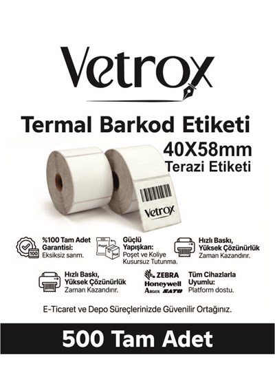 VETROX 1.KALİTE TERMAL BARKOD TERAZİ ETİKETİ 40x58mm 500 Adet-TAM ADET