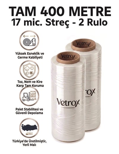 Vetrox Premium 17 Mikron Streç Film - 400 METRE tam metraj-2-rulo-Ambalaj ve Paketleme Streci