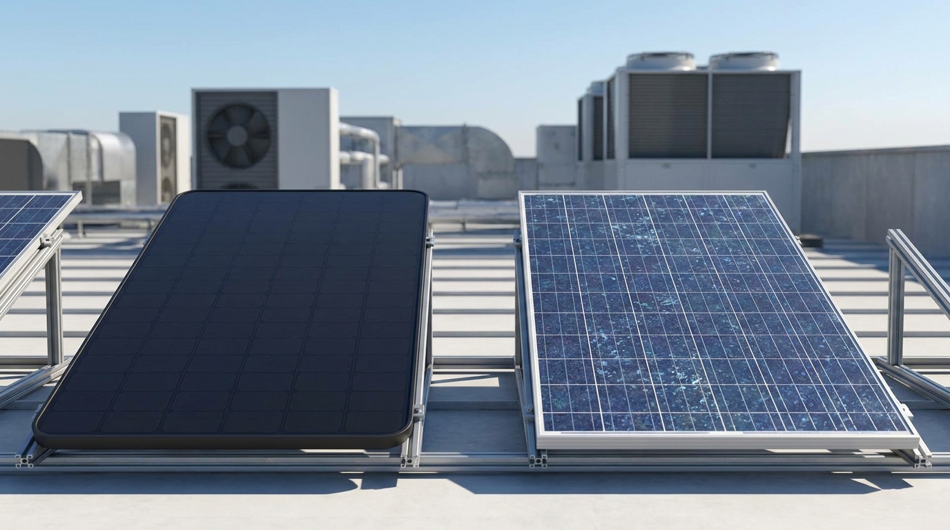monokristal ve polikristal güneş paneli karşılaştırma görseli,güneş paneli verimlilik farkı diyagramı,solar panel türleri karşılaştırma grafiği,monokristal panel siyah görünüm ve polikristal panel mavi görünüm,güneş enerjisi panel yapısı görseli