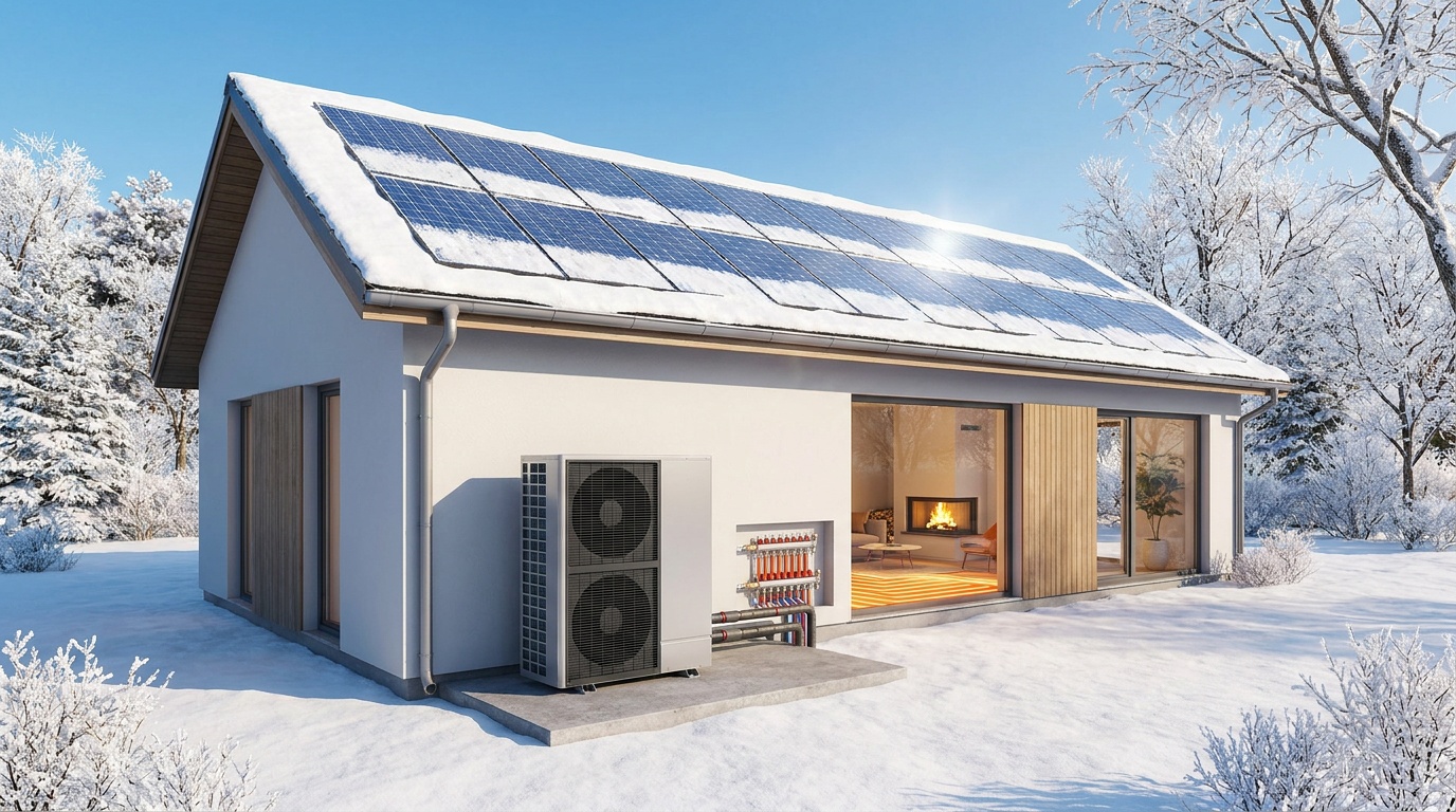 ısı pompası dış ünite,güneş paneli çatı kurulumu,solar enerji sistemi ev,kışın ısınma sistemi,güneş enerjisi ile ısıtma,modern ısı pompası sistemi