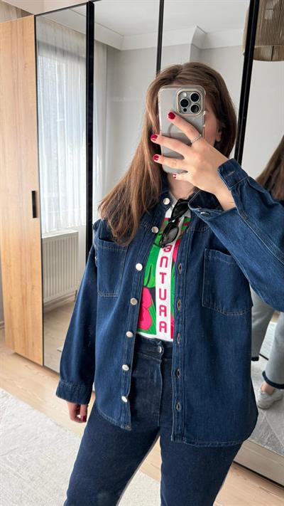 Omuz Düğme Tasarımlı Denim Ceket Gömlek