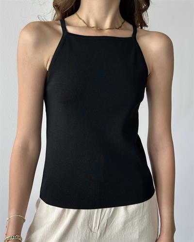 ASKILI ARKASI FİYONK DETAYLI TRİKO BLUZ - SİYAH