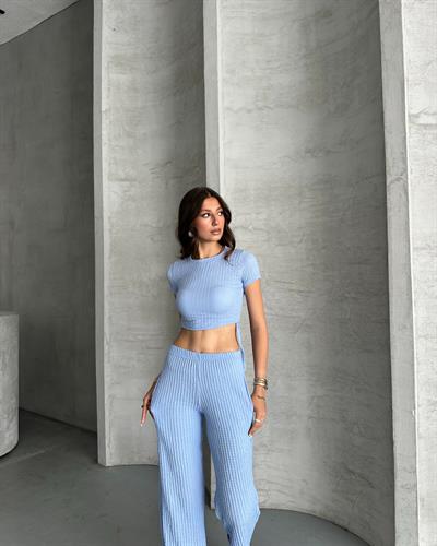 Bubble gofre pantolonlu takım - mavi