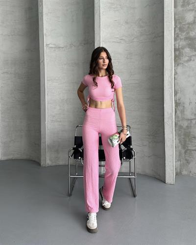 Bubble gofre pantolonlu takım - Pembe
