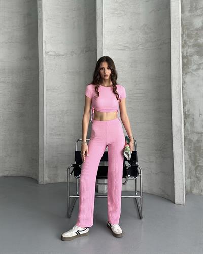 Bubble gofre pantolonlu takım - Pembe