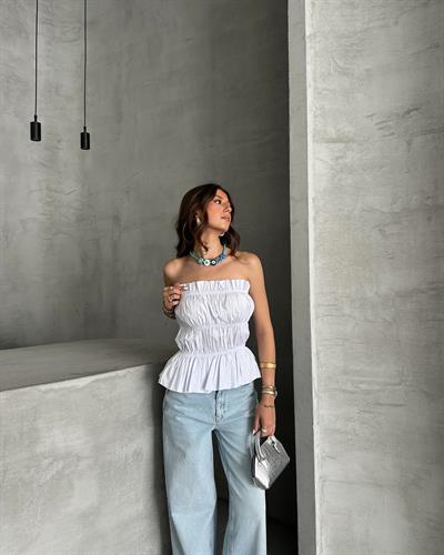 Büzgü detaylı straplez bluz - Beyaz