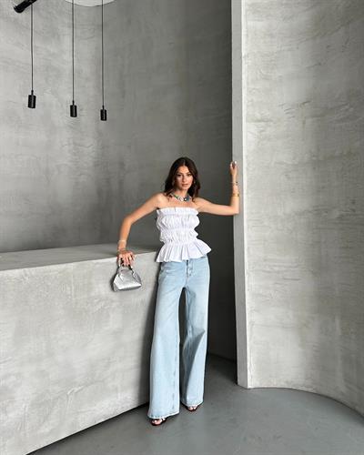 Büzgü detaylı straplez bluz - Beyaz