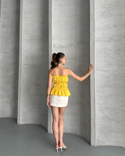 Büzgü detaylı straplez bluz - Sarı