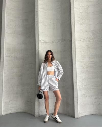 ÇİZGİLİ GÖMLEK ŞORT TAKIM - BEYAZ 