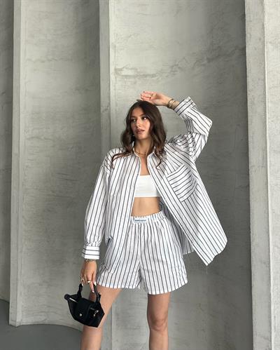 ÇİZGİLİ GÖMLEK ŞORT TAKIM - BEYAZ 