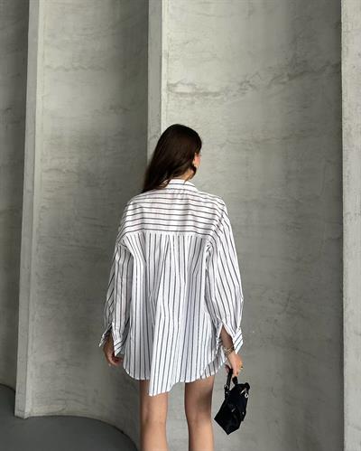 ÇİZGİLİ GÖMLEK ŞORT TAKIM - BEYAZ 