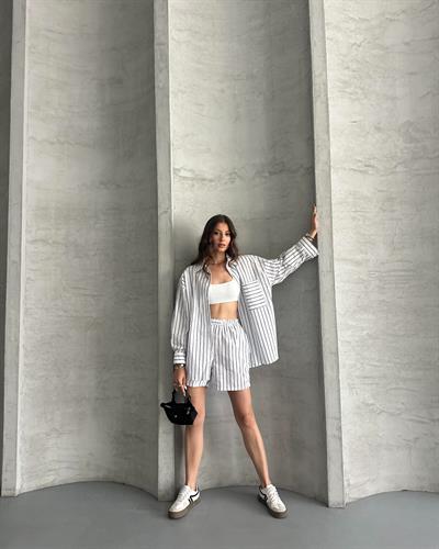 ÇİZGİLİ GÖMLEK ŞORT TAKIM - BEYAZ 