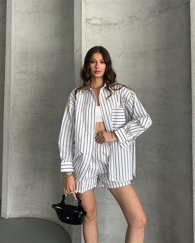 ÇİZGİLİ GÖMLEK ŞORT TAKIM - BEYAZ 