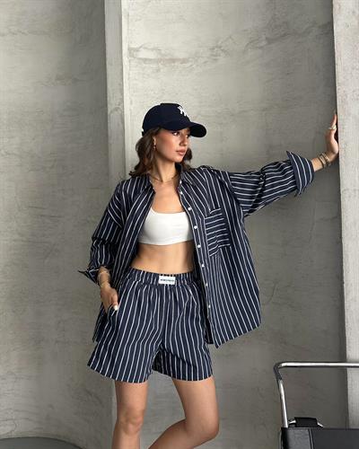 ÇİZGİLİ GÖMLEK ŞORT TAKIM - LACİVERT