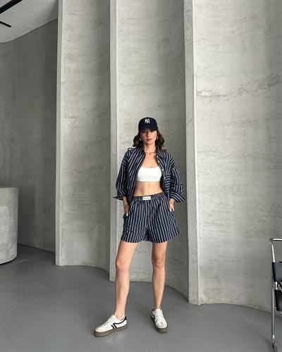 ÇİZGİLİ GÖMLEK ŞORT TAKIM - LACİVERT