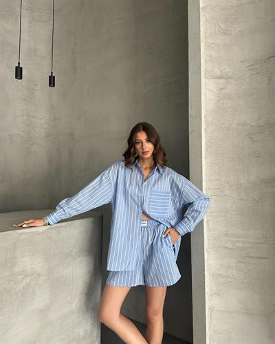 ÇİZGİLİ GÖMLEK ŞORT TAKIM - MAVİ 