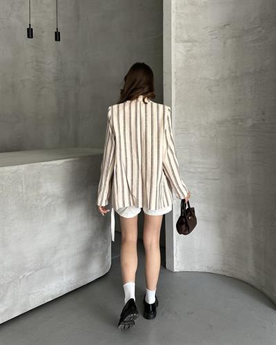 ÇİZGİLİ KETEN CEKET - BORDO 