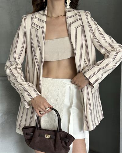 ÇİZGİLİ KETEN CEKET - BORDO 