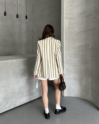 ÇİZGİLİ KETEN CEKET - KAHVE