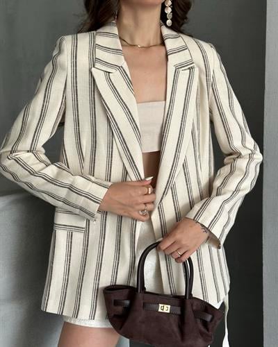 ÇİZGİLİ KETEN CEKET - KAHVE