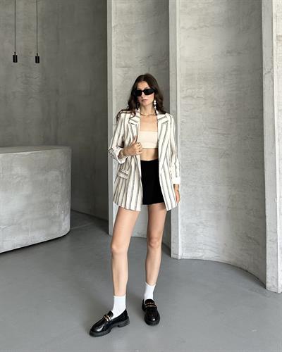 ÇİZGİLİ KETEN CEKET - LACİVERT