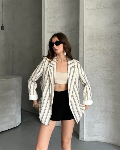 ÇİZGİLİ KETEN CEKET - LACİVERT