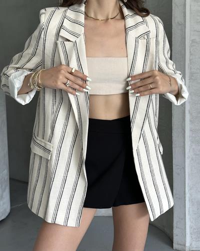 ÇİZGİLİ KETEN CEKET - LACİVERT