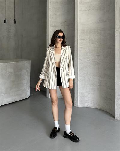 ÇİZGİLİ KETEN CEKET - LACİVERT