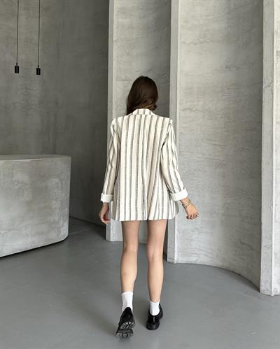 ÇİZGİLİ KETEN CEKET - LACİVERT