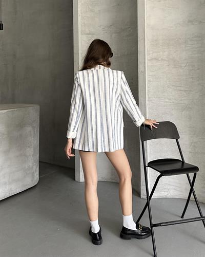 ÇİZGİLİ KETEN CEKET - MAVİ