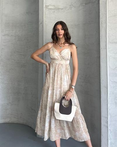 DESENLİ ŞİFON ELBİSE - PUDRA 