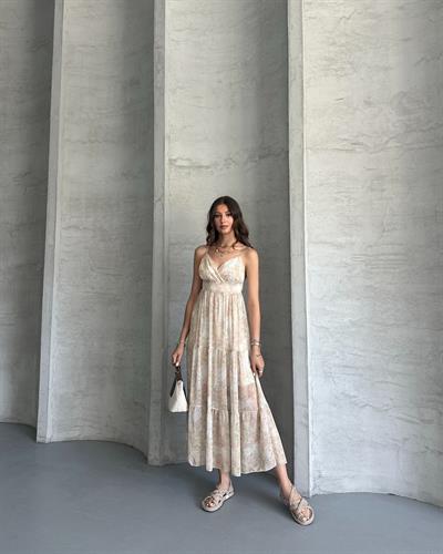 DESENLİ ŞİFON ELBİSE - PUDRA 