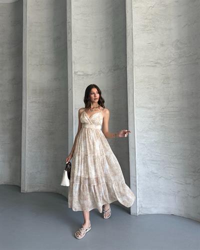 DESENLİ ŞİFON ELBİSE - PUDRA 