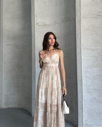 DESENLİ ŞİFON ELBİSE - PUDRA 