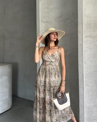 DESENLİ ŞİFON ELBİSE - YEŞİL 