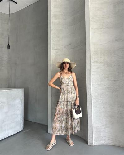 DESENLİ ŞİFON ELBİSE - YEŞİL 