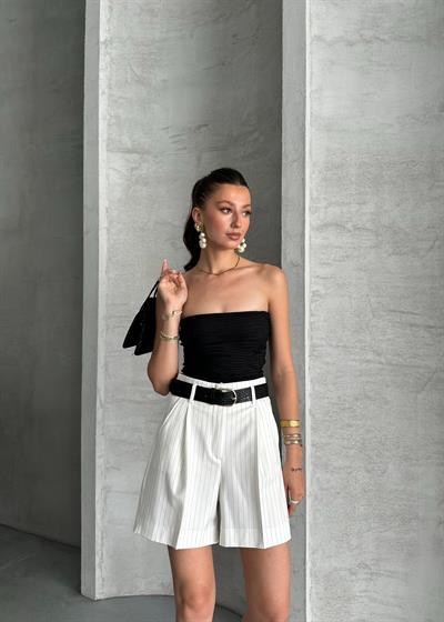Kemerli çizgili şort