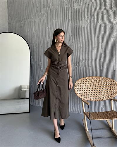 KETEN PİLELİ ELBİSE - KAHVE