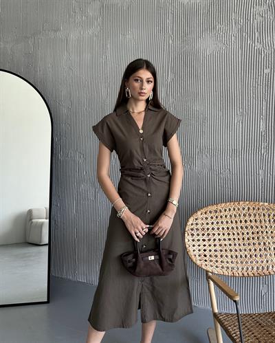 KETEN PİLELİ ELBİSE - KAHVE