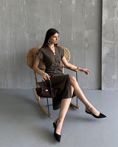 KETEN PİLELİ ELBİSE - KAHVE