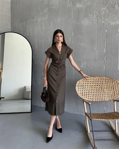 KETEN PİLELİ ELBİSE - KAHVE