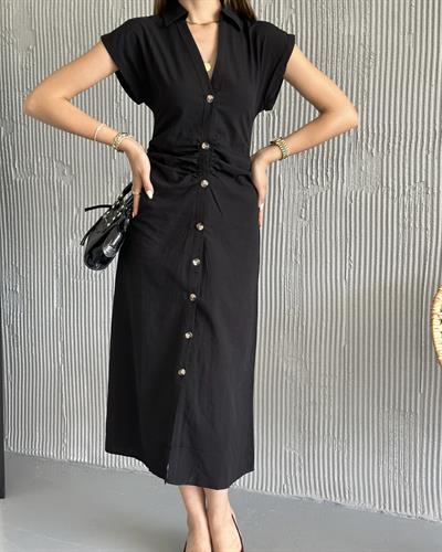 KETEN PİLELİ ELBİSE - SİYAH