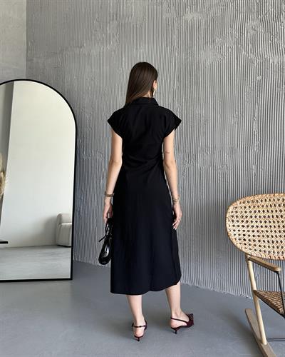 KETEN PİLELİ ELBİSE - SİYAH