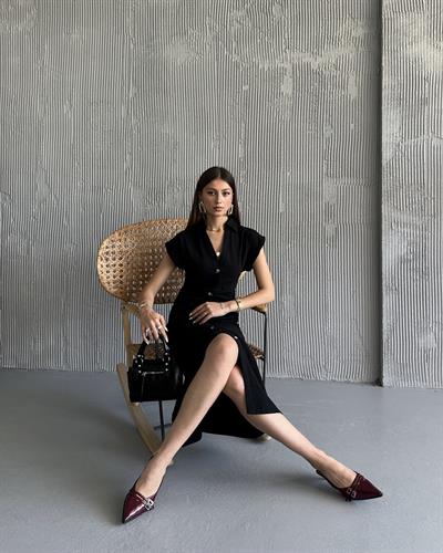 KETEN PİLELİ ELBİSE - SİYAH