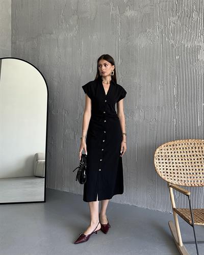 KETEN PİLELİ ELBİSE - SİYAH