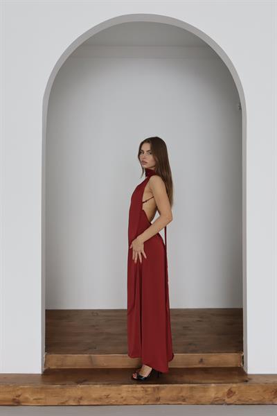 MAXİ BOY SATEN ELBİSE - BORDO
